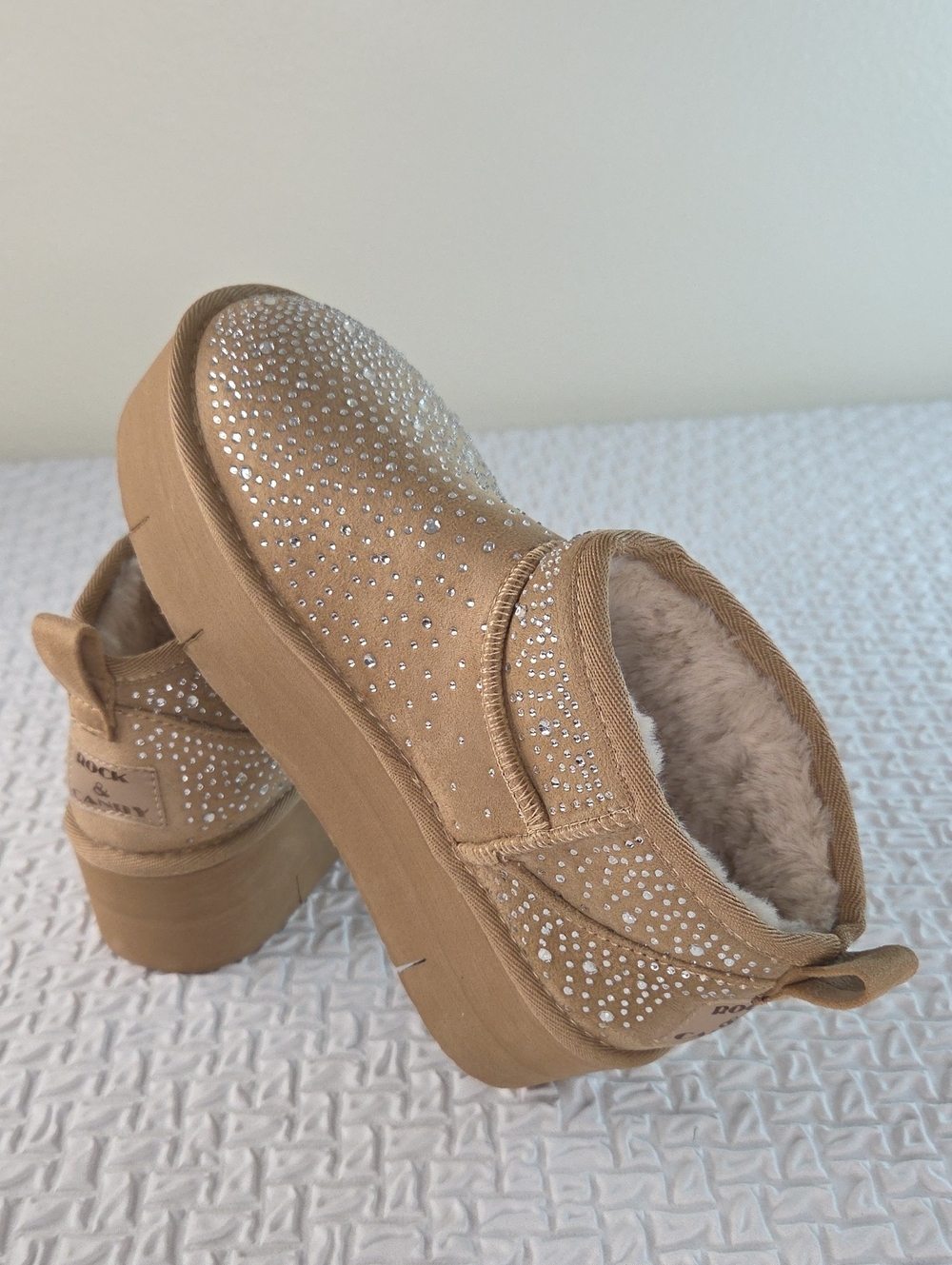 Rock & Candy Tan Rhinestone Faux-Fur Lined Slip-On Ankle Boots Size 8